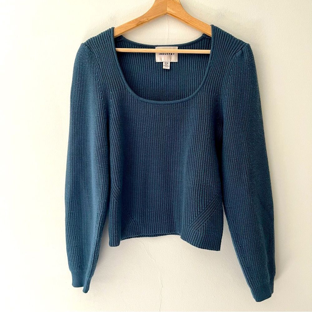 Industry Sweater Square Neckline Ribbed Scoop Neck Puff Sleeve Blue Size Medium
